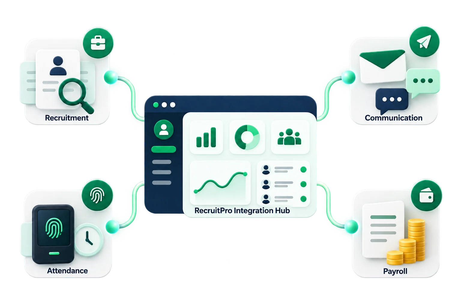 RecruitPro Integration Hub connecting recruitment, communication, attendance and payroll